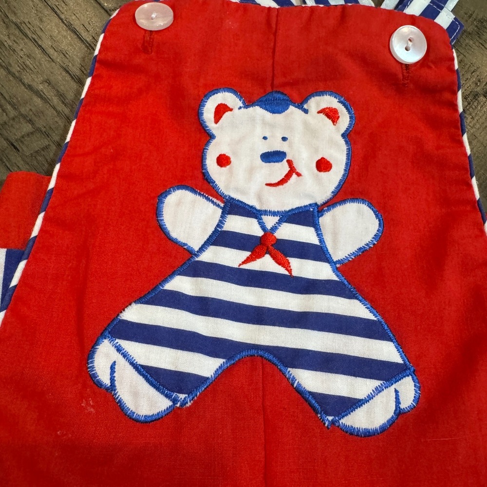 Vintage Cuties by Judy Baby Overalls 6/9 Months Red Nautical Bear Romper - Picture 2 of 6